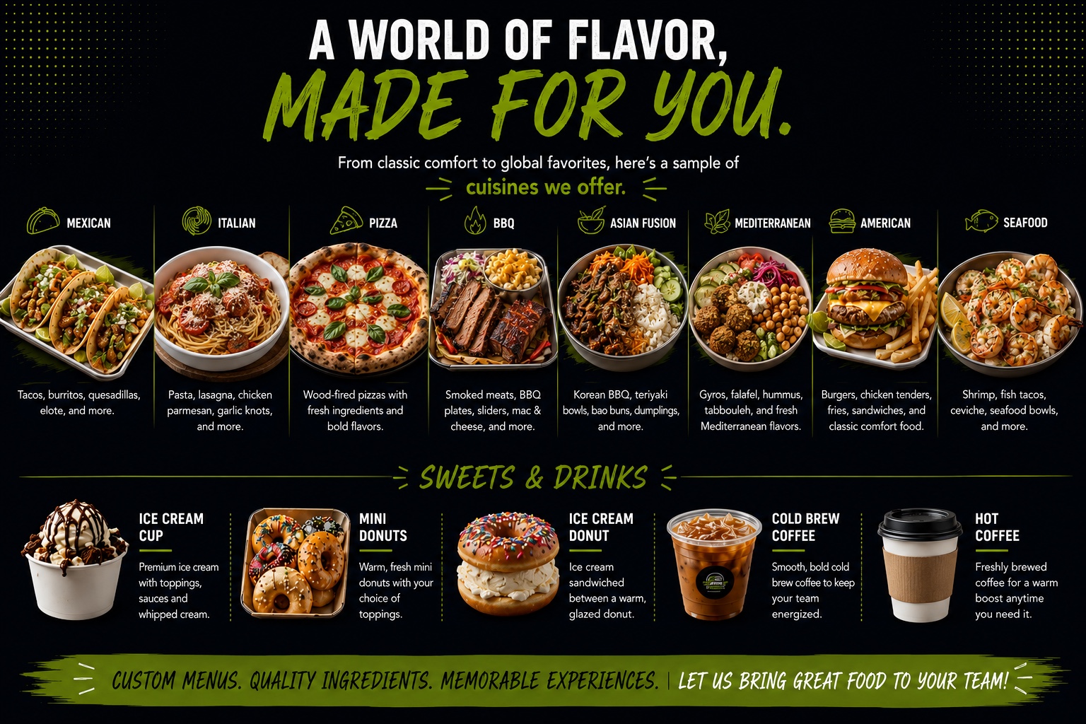 Cuisine options offered by Hungry Trailer including tacos, Italian food, pizza, BBQ, Asian fusion, Mediterranean, burgers, seafood, sweets, and drinks